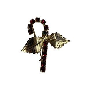 Vintage Style Christmas Candy Cane Brooch Red Rhinestone Gold Tone Holiday Pin